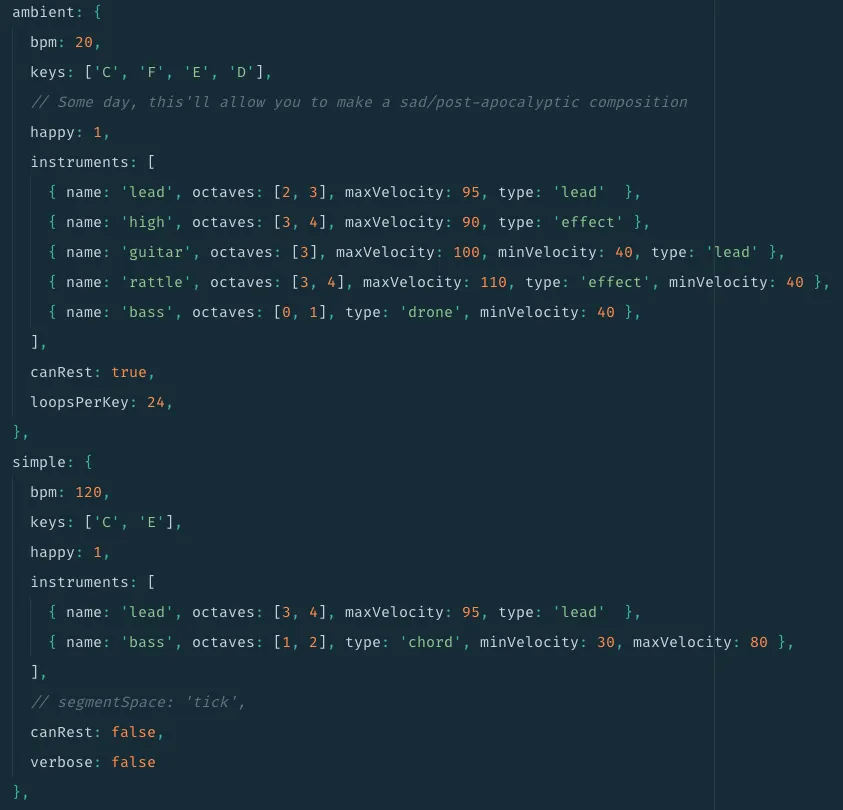 There are different instrument types, and I can do different things for each. Drone notes are typically longer, effect notes can be used to trigger sound effects or other instruments, alongside other notes. This is an older screenshot.