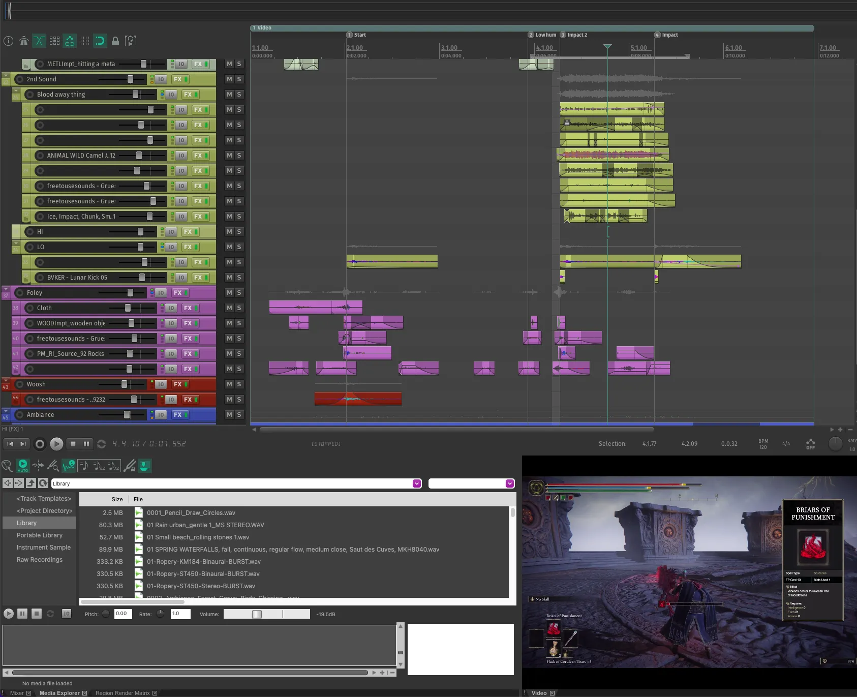 My DAW, Reaper, while doing a sound redesign for a clip from the game Elden Ring (which I didn't play, by the way)