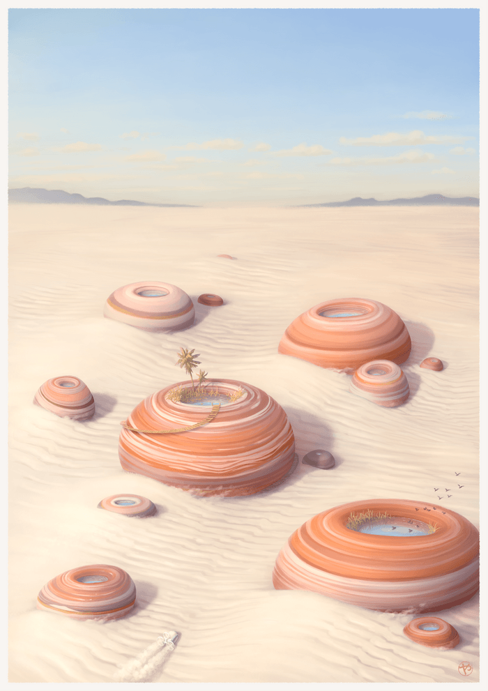 "An image of a desert with pretty, striped, round-shaped boulders, some with pools of water in them"