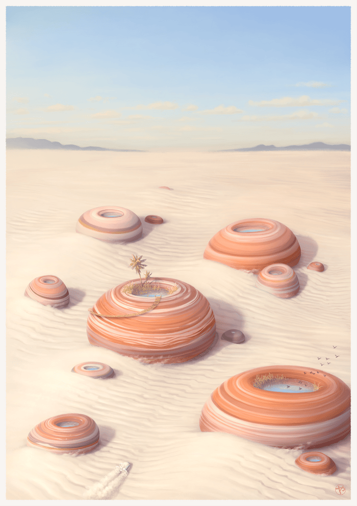 "An image of a desert with pretty, striped, round-shaped boulders, some with pools of water in them"